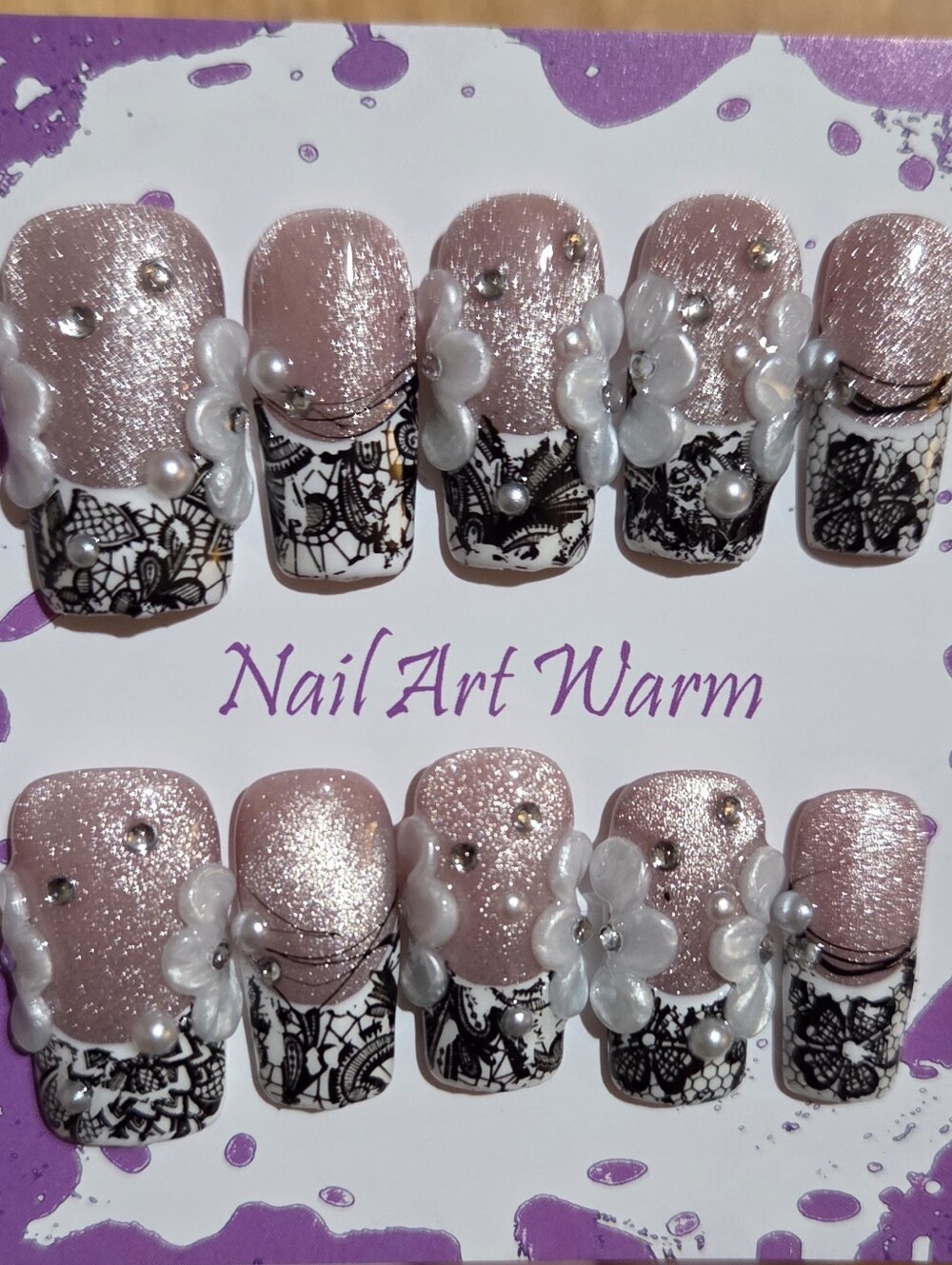 Y2K Coquette Pink Glitter Black Lace 3D Floral Pearl French Tip Press On Nail